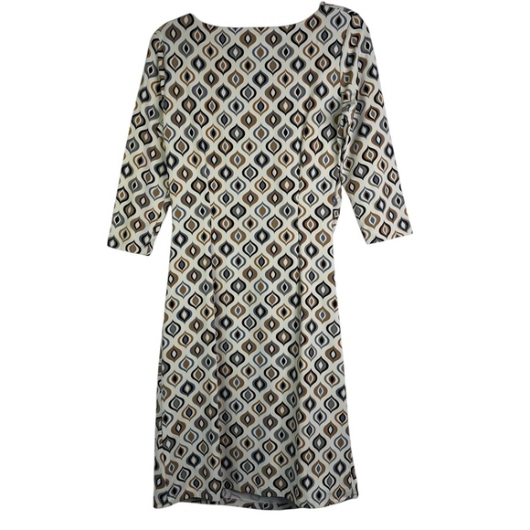 J. McLaughlin Catalina Cloth Retro Mod Knee Length Dress Brown Cream V-Neck Med - Picture 8 of 15